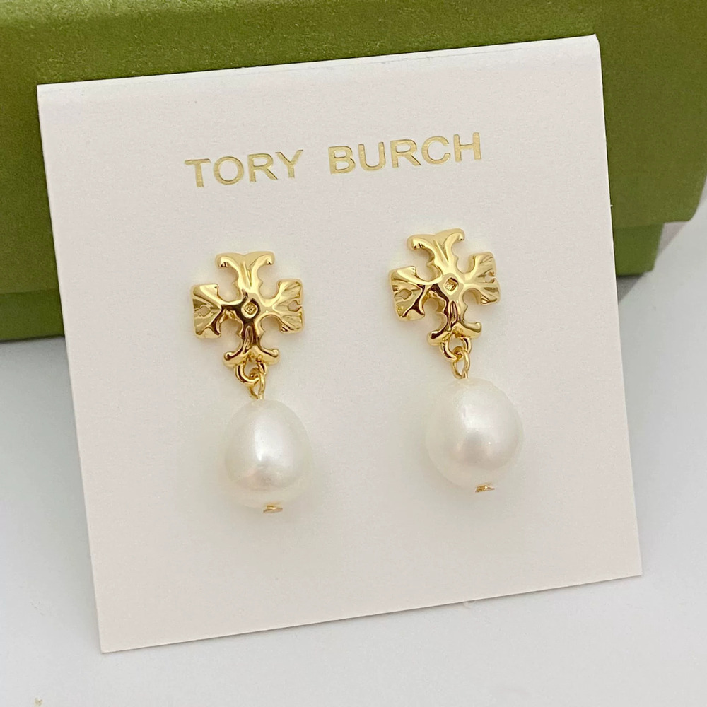 Tory Burch Natural Freshwater Pearl Gold Plated Logo Letter Earrings